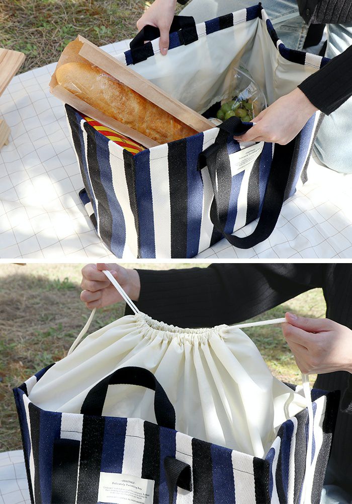 韓國 Conitale - 大容量防潑水束口購物袋/野餐袋/旅行袋-深藍 (46X35X25cm)