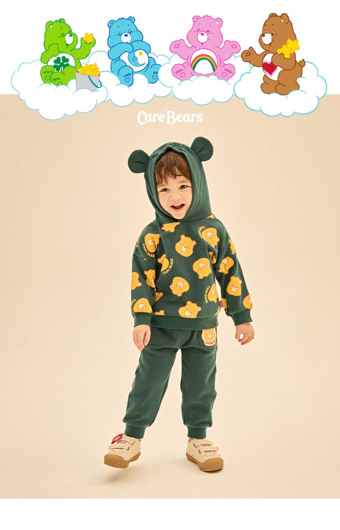 韓國 Care Bears - 聯名款滿版印花內刷毛熊耳帽套裝-綠
