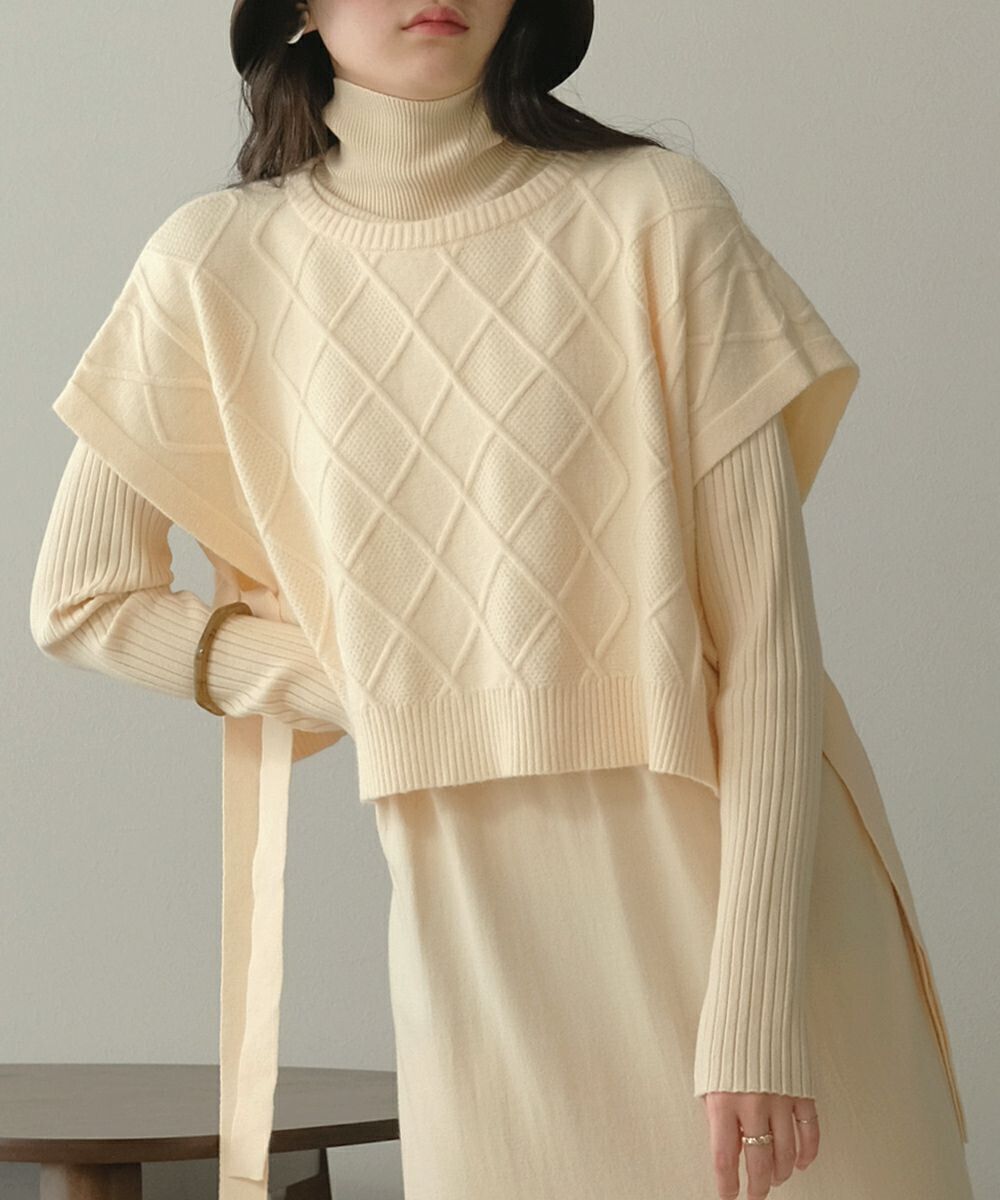 日本 Bou Jeloud - 同色系高領針織背心X長袖洋裝兩件組-米