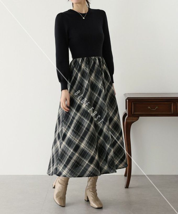 日本 BLUE EAST - 美型修身小澎袖針織長袖洋裝-格紋拼接-黑灰