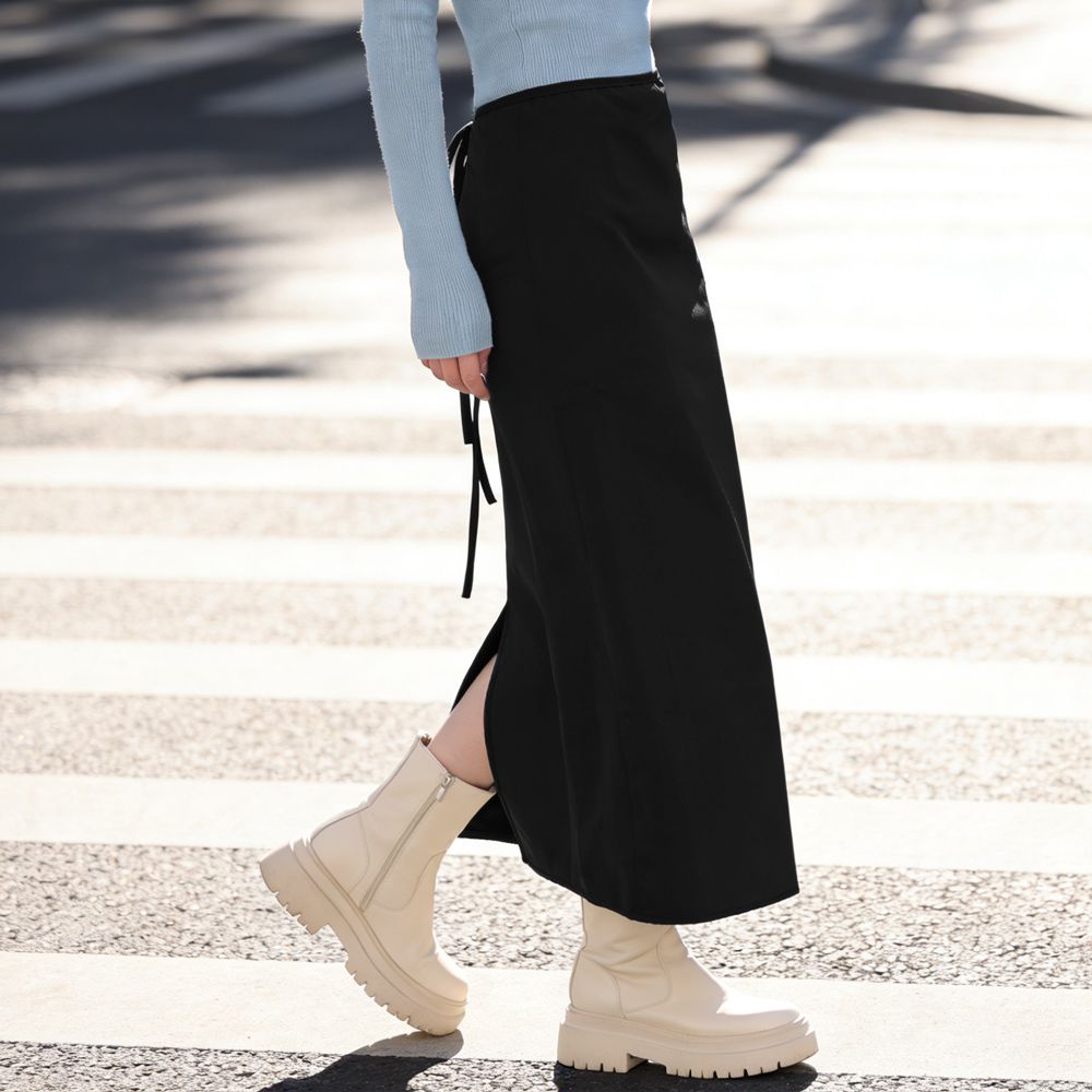 禦寒暖刷毛防風萬用機能裙/機車裙-綁帶素面款-黯夜黑 (FREE)