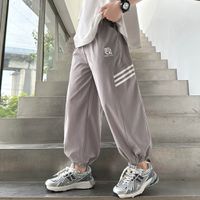 babybody - 腰鬆緊休閒束口長褲/防蚊褲-側拼條紋-灰色