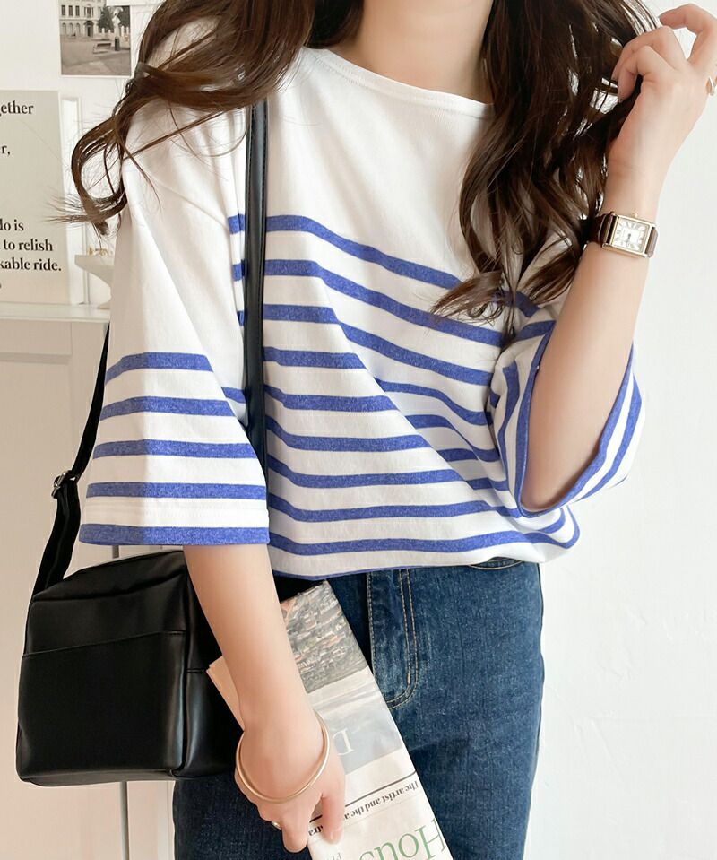 日本 Classical Elf - 圓領透氣橫條紋五分袖上衣-白x綠