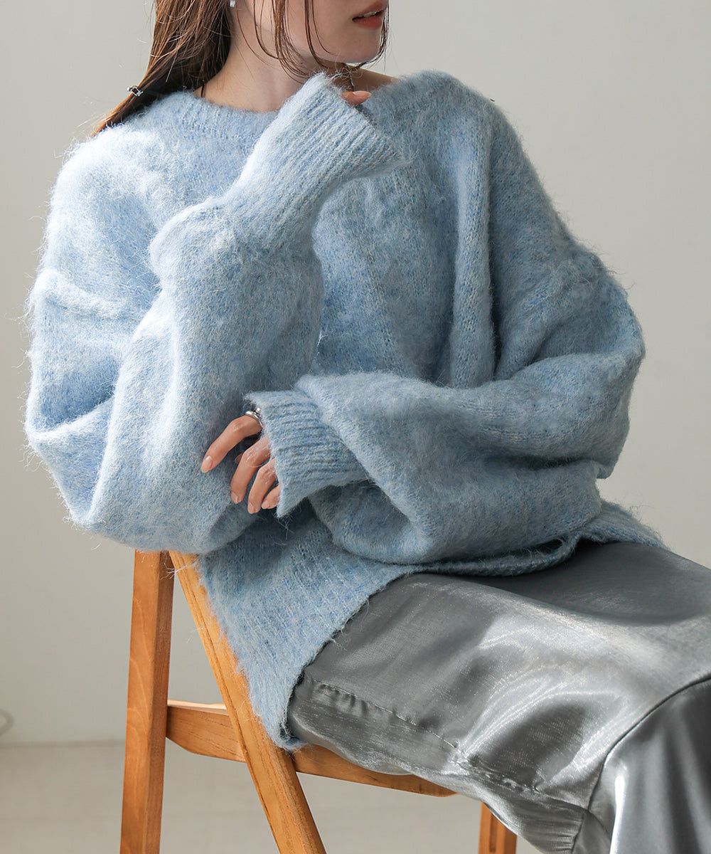 日本 Bab - 澎袖毛海溫柔廓形針織上衣-淺灰