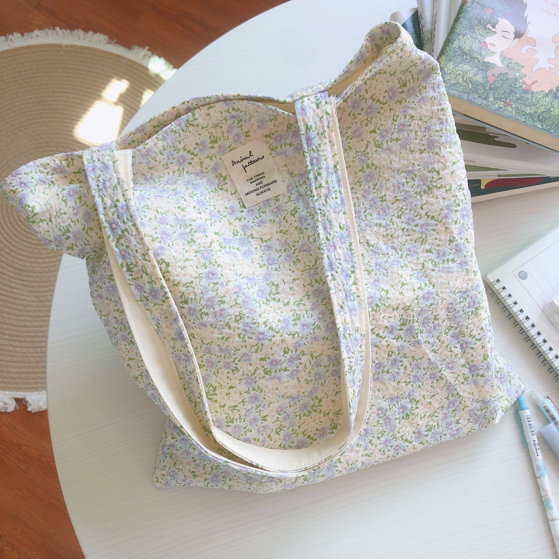 碎花單肩手提帆布袋-淺紫X米花 (37*35cm)