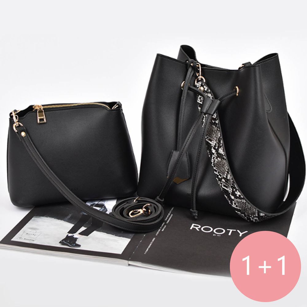 韓國 Rooty - 大小Set蛇紋背帶氣質水桶包-尊爵黑 (大包26*16*27cm)