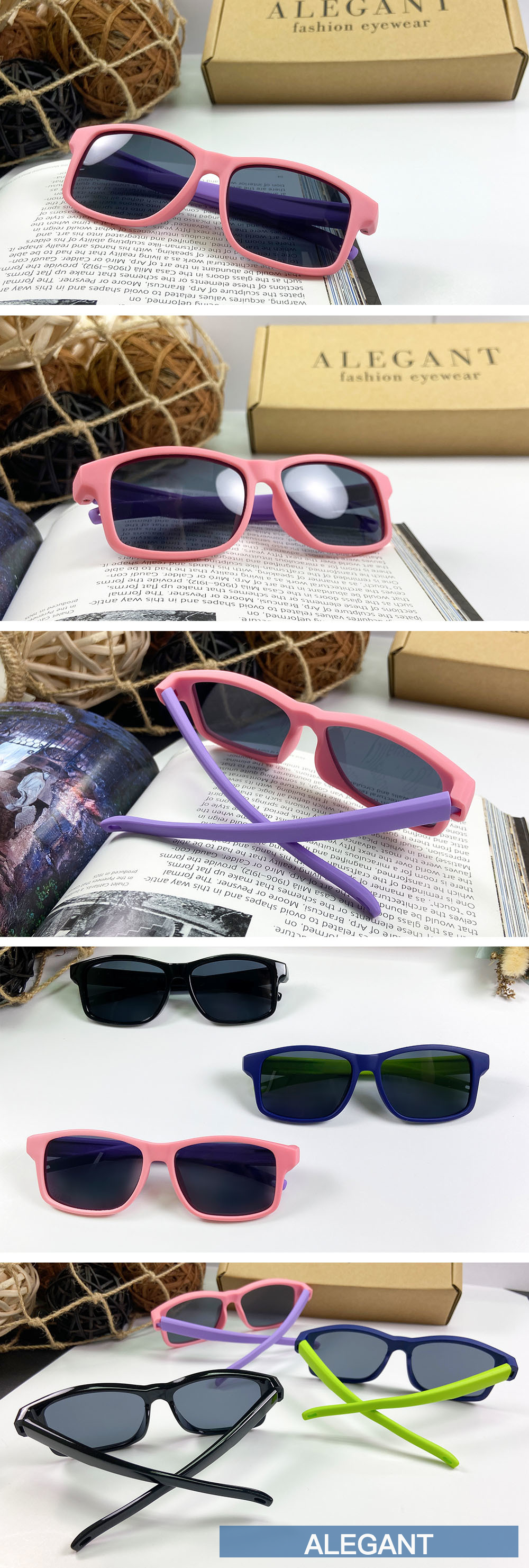 ALEGANT - 繽紛草莓粉紫拚色中性兒童專用輕量方形彈性偏光墨鏡│UV400太陽眼鏡