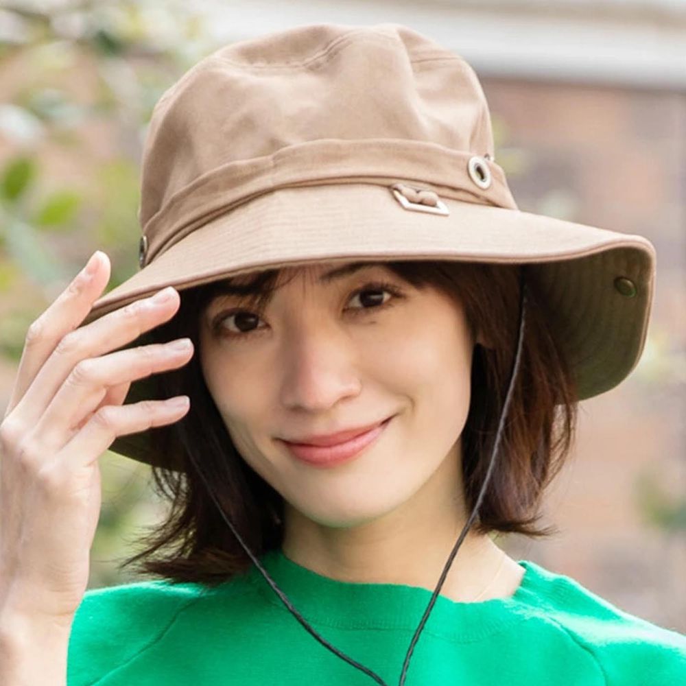 日本 irodori - 抗UV棉純厚磅漁夫帽/遮陽帽(附防風帽帶)-焦糖