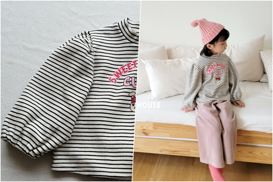 韓國 Peanuts House - SWEET兔條紋澎澎長袖上衣-黑