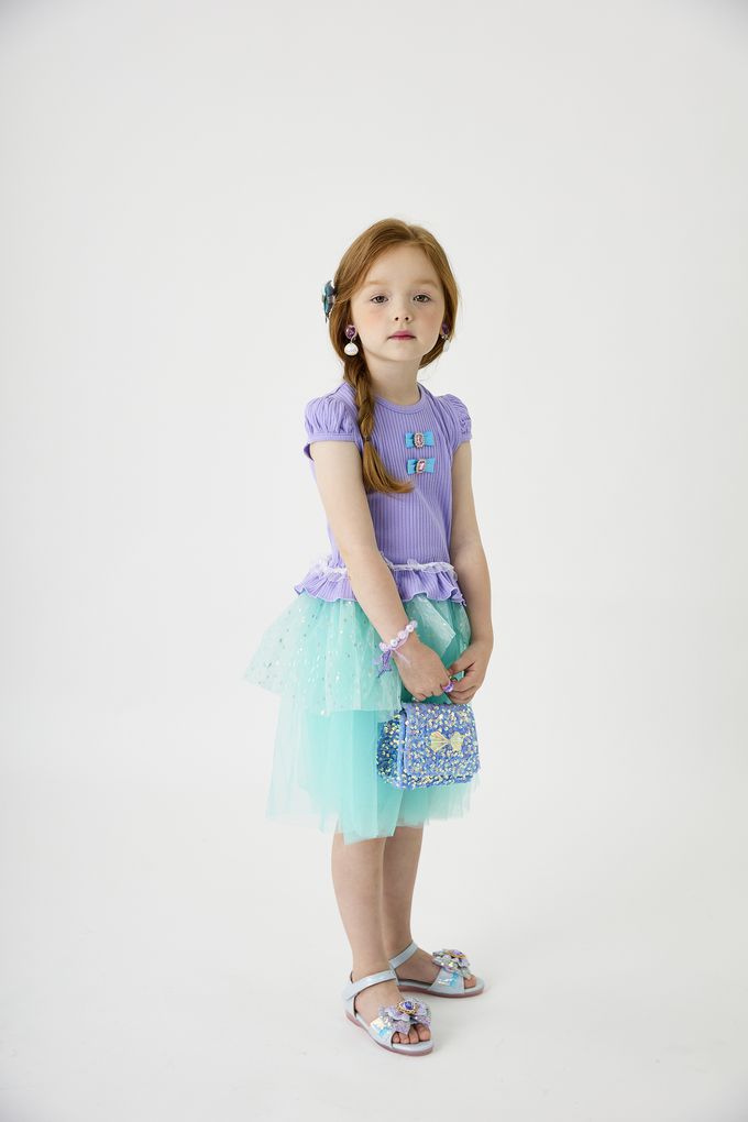 韓國 OZKIZ - (附配飾)海洋公主網紗裝飾短袖套裝-紫X湖綠