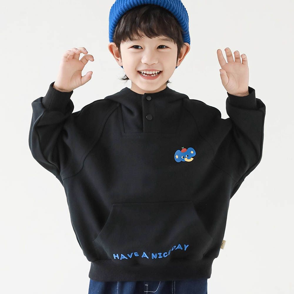 領口開扣連帽長袖上衣-動物印花-黑色