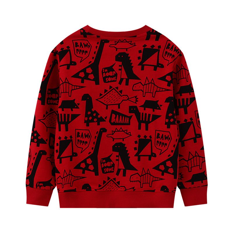 Jumping meters - 圓領棉質長袖上衣/大學T-恐龍插畫世界-酒紅色