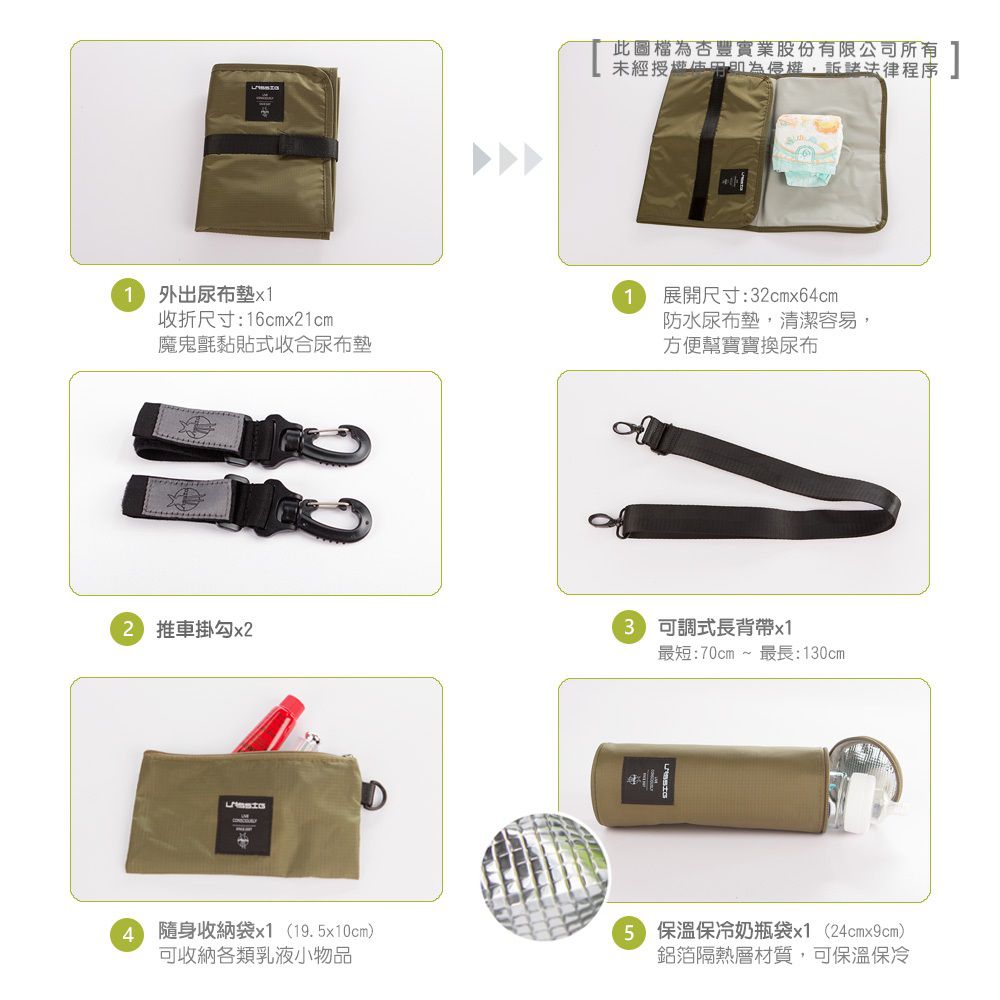 德國 Lassig - 法式時尚大托特媽媽包-橄欖綠-含尿布墊+推車掛勾+保溫瓶收納包
