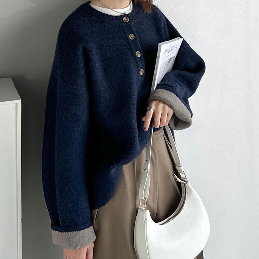 撞色亨利領寬鬆袖針織上衣-海軍藍x灰