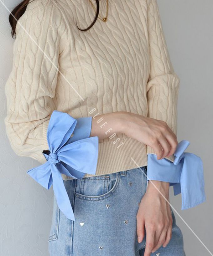 日本 BLUE EAST - 亮麗蝴蝶結緞帶袖麻花針織上衣-灰