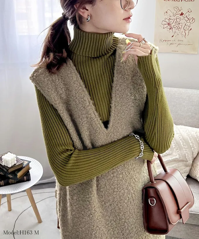 日本 Classical Elf - 毛茸茸修身V領背心裙-灰杏