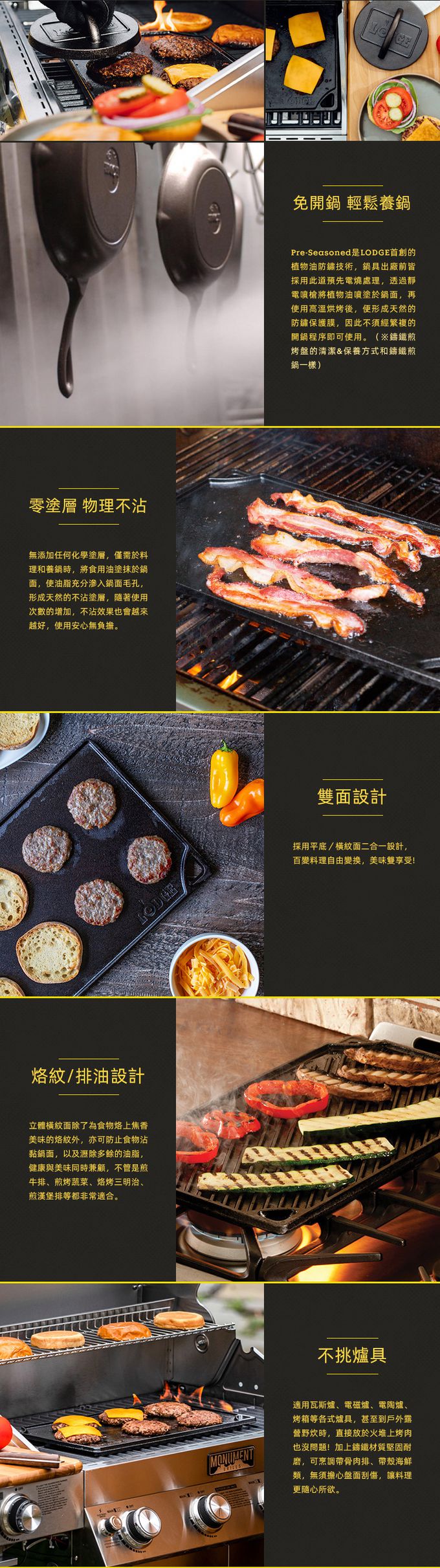 美國 LODGE - 美國製長形雙面平底/橫紋鑄鐵煎烤盤