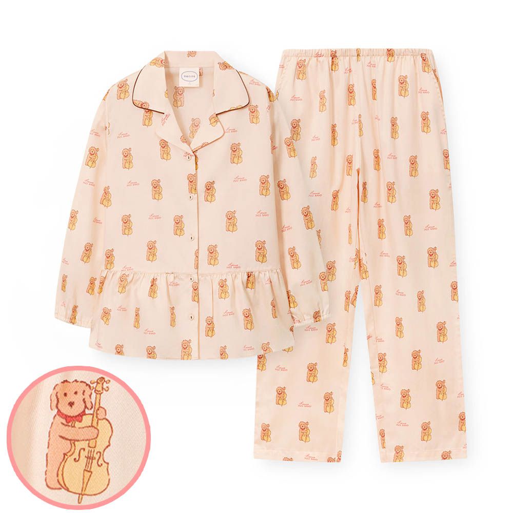 (媽媽)透氣輕柔棉翻領長袖睡衣套裝-狗狗大提琴-杏膚