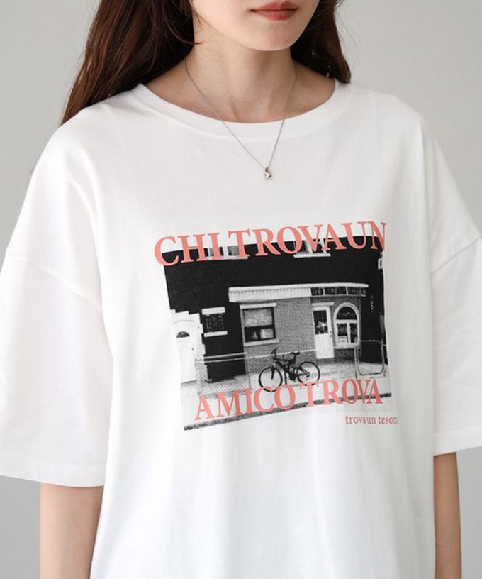 日本 Bab - 100%棉 極簡照片印花五分袖上衣-白底粉紅字 (M)