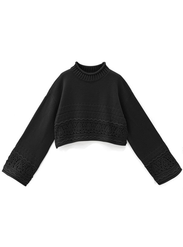 日本 GRL - 鉤針拼接落肩針織毛衣-黑 (F)