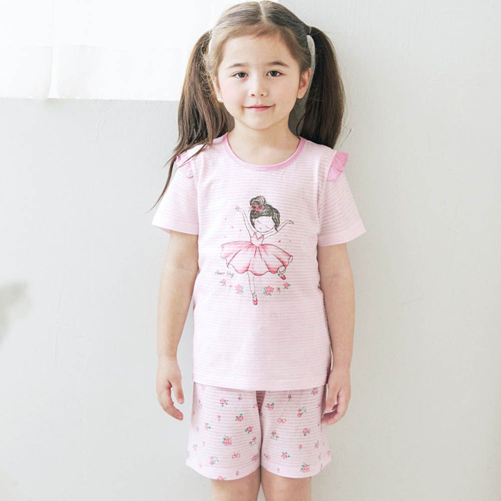 透氣條紋提花棉短袖家居服-芭蕾女孩-淡粉