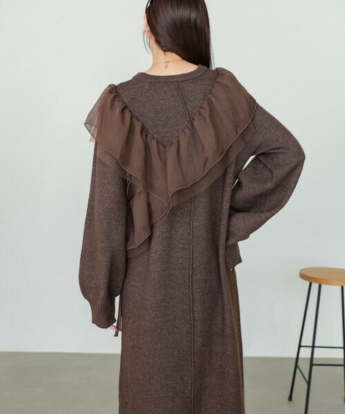 日本 Bab - 交叉薄紗荷葉柔美針織長袖洋裝-黑