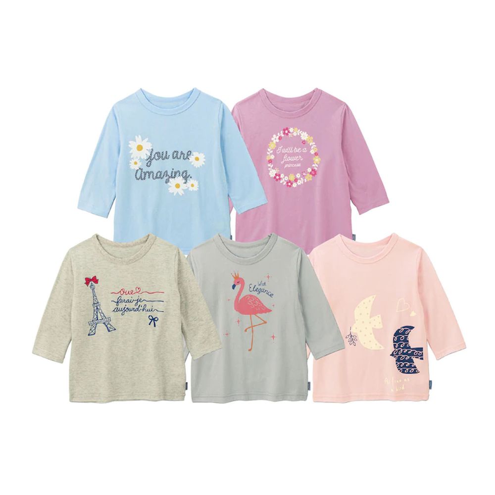 日本千趣會 - 超值內衣/T恤五件組 (七分袖)-花朵動物-粉色系