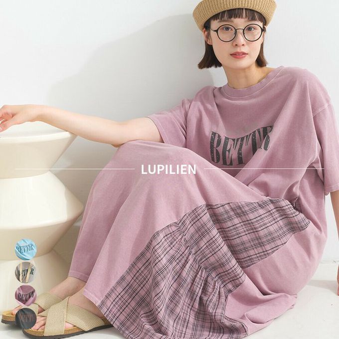 日本 Lupilien - 復古寬鬆格紋拼接短袖洋裝-BETTER-水藍