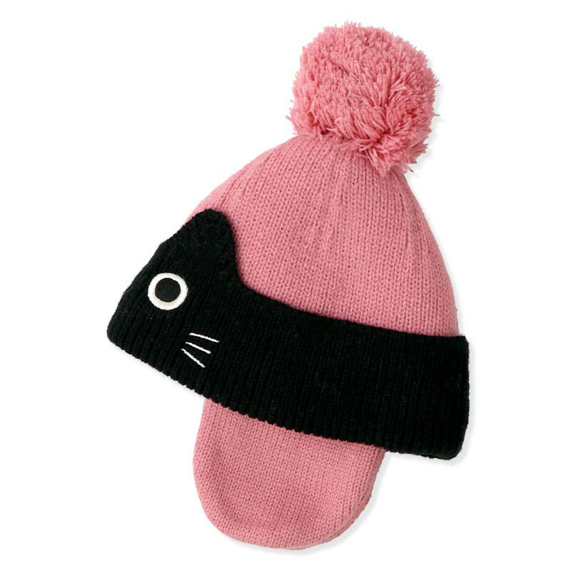 日本 ZOOLAND - 防寒刷毛保暖針織毛帽-小貓條紋撞色-粉x橘 (頭圍(50-54cm))