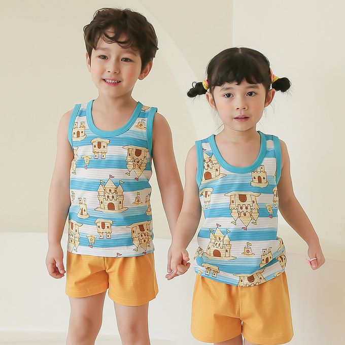 正韓 Puco - 超優質嬰幼兒/兒童無袖100% 有機棉家居服/睡衣-沙灘城堡