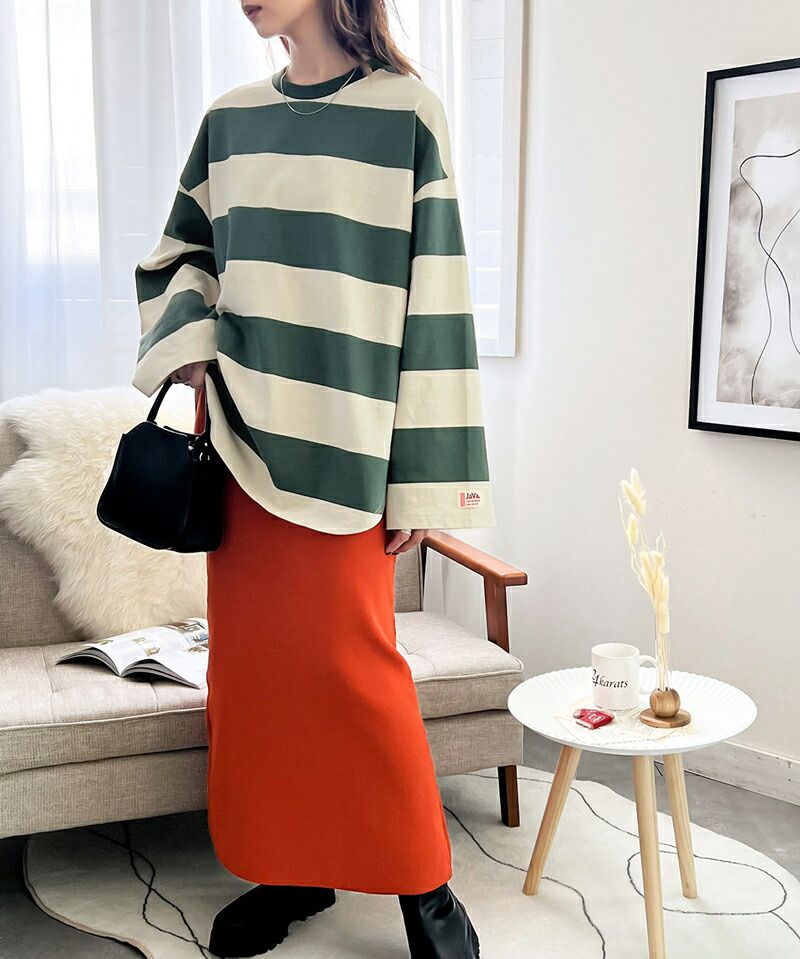 日本 Classical Elf - 美式休閒落肩長袖上衣-寬版條紋-米杏x棕