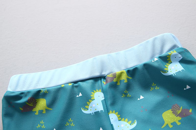 男寶短袖泳裝套裝(附帽子)-微笑恐龍-淺藍+綠