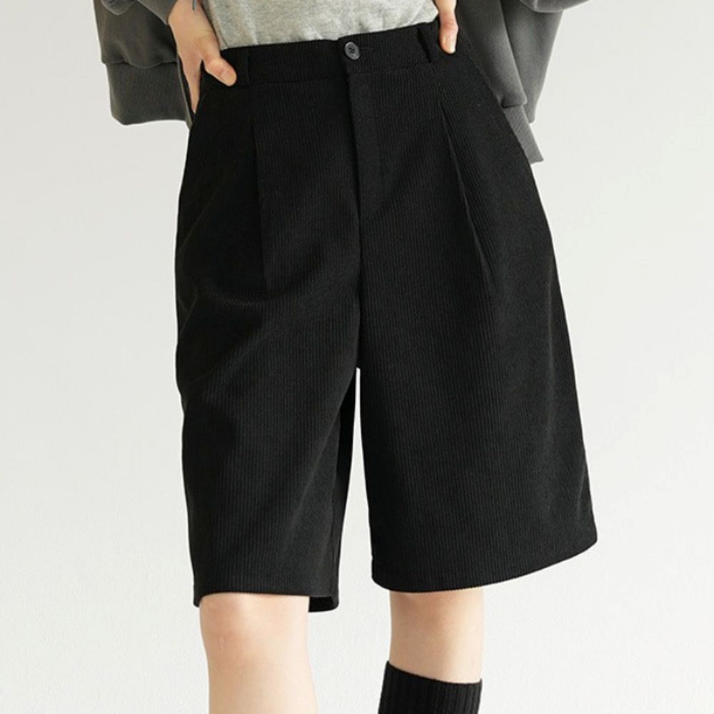 Domingoblue 後鬆緊腰質感燈芯絨五分褲-黑