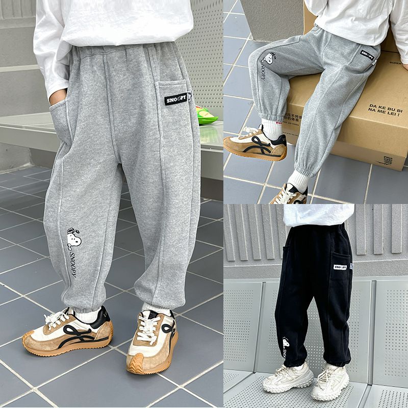 卡通人物史努比腰鬆緊束口運動褲-偷看的SNOOPY-黑色