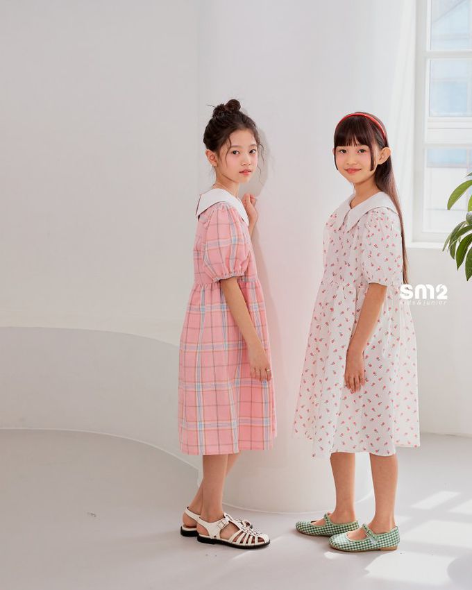 韓國 sm2 - Lovely印花泡泡袖洋裝-格紋-粉