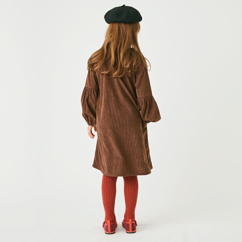 日本 evercloset - 甜美圓領燈芯絨澎澎長袖洋裝-炭灰