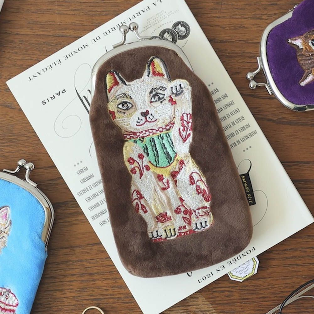 貓咪小奢華刺繡口金包/眼鏡盒-深棕