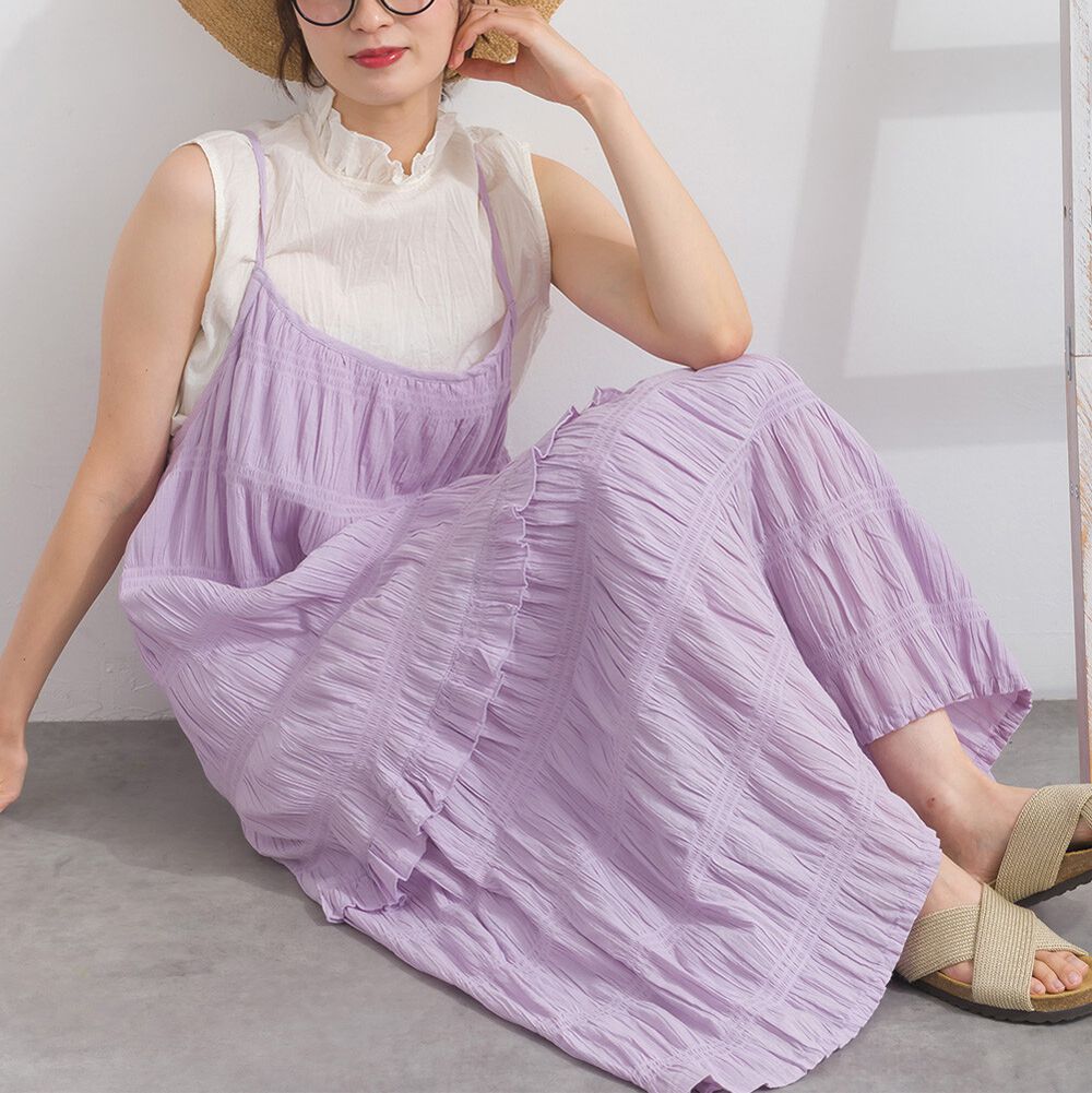 柔美分層皺摺混綿細肩帶洋裝-薰衣草