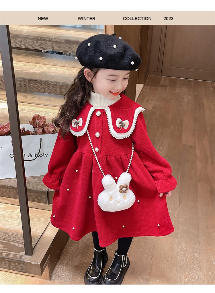 加絨不規則翻領氣質長袖連身洋裝-蝴蝶結-紅色