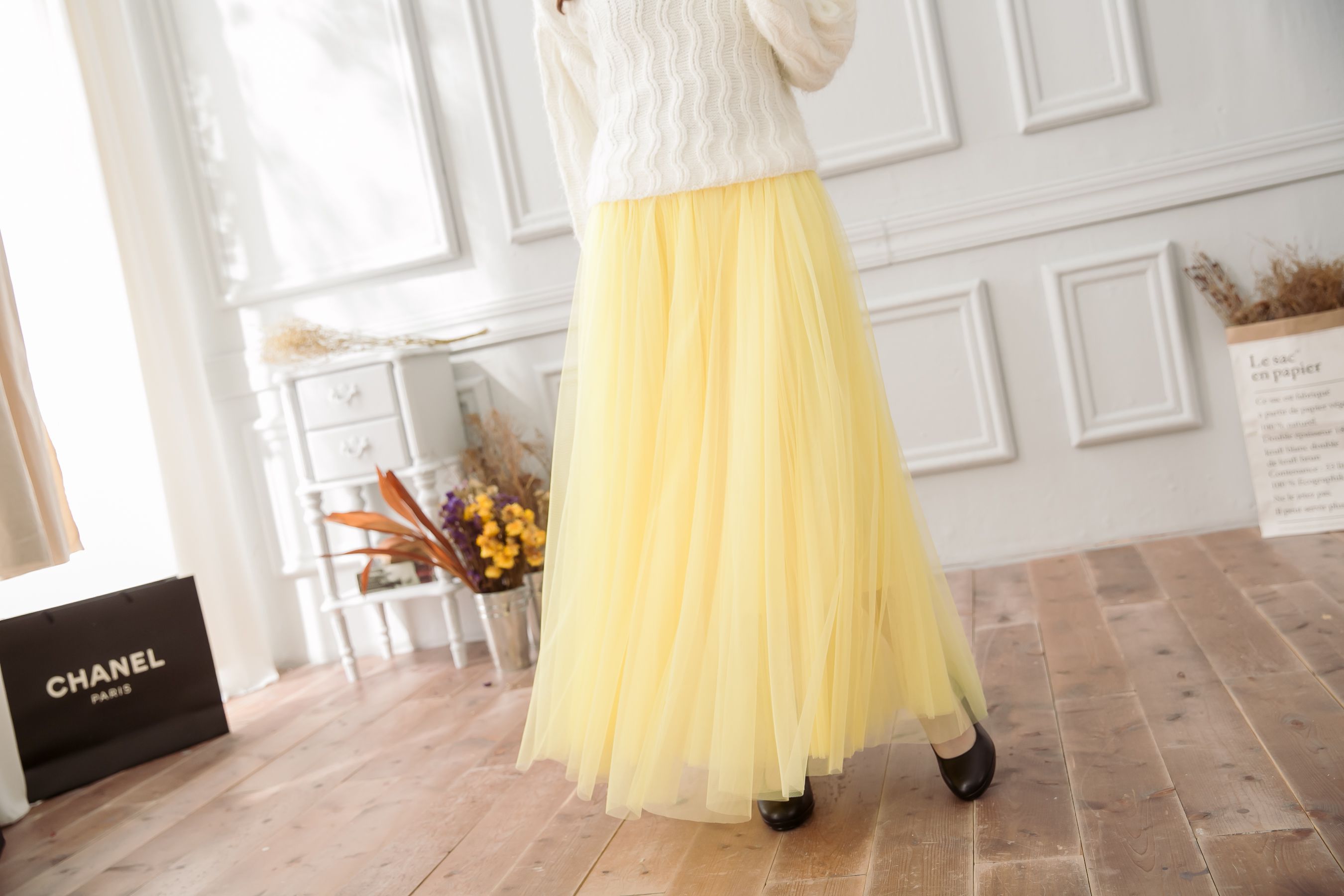 Peachy - 獨家訂製綿柔法式浪漫三層蓬紗裙-三層蓬版-嫩鵝黃 (F)