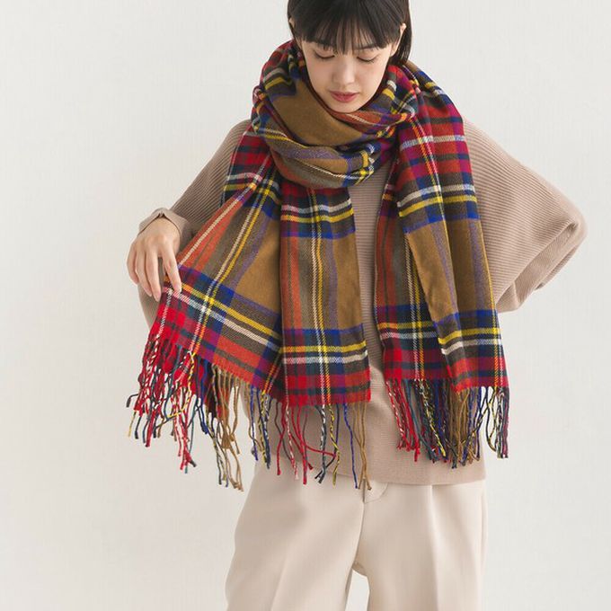 日本 OMNES - 羊毛混紡經典格紋圍巾披肩-H(米杏x深棕)