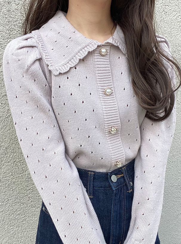 日本 GRL - 浪漫花朵領珍珠釦針織上衣-知性黑