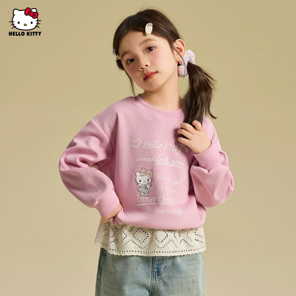 2WAY蕾絲拼接長袖上衣-卡通人物Hello Kitty-粉色