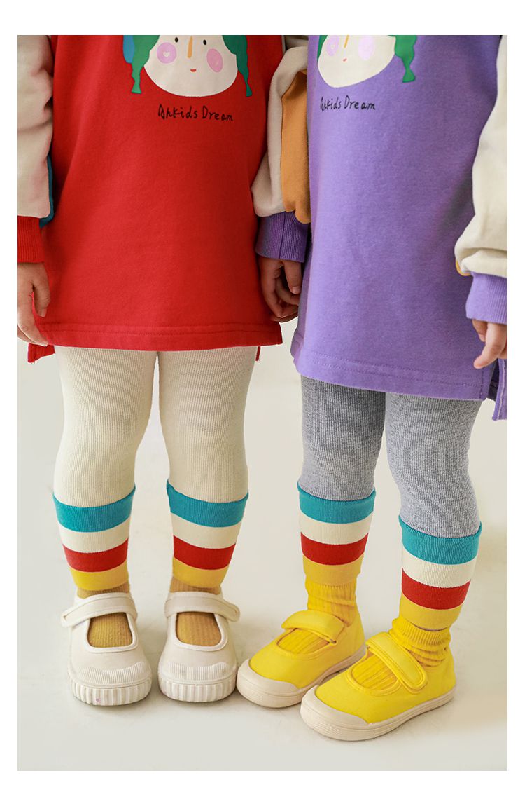 腰鬆緊羅紋束口內搭長褲-繽紛條紋-灰色