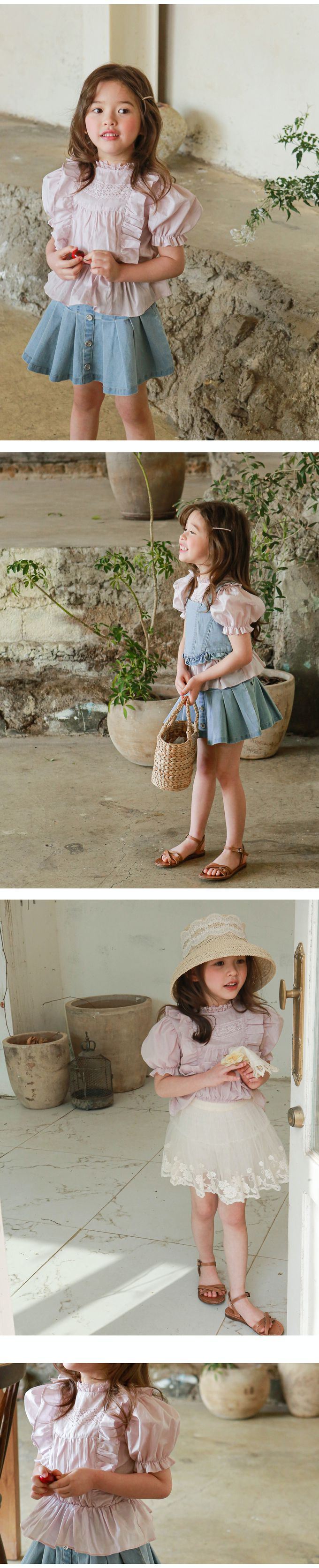 韓國 Puellaflo - 甜蜜花邊裝飾公主袖襯衫-淺粉