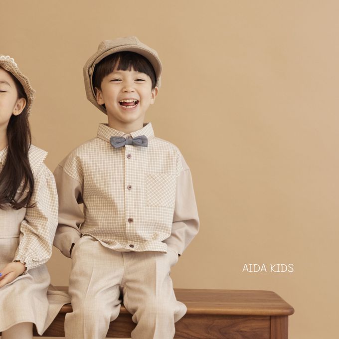 韓國 AIDA - (不含領結)拼接感格紋翻領長袖襯衫-可可咖