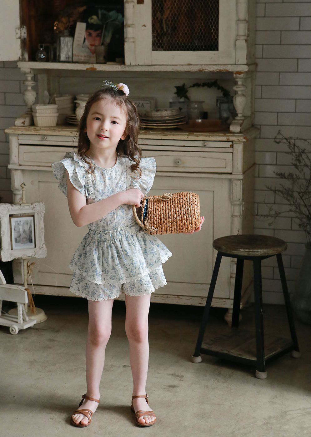 韓國 PuellaFLO - 雙層荷葉袖碎花上衣-藍花