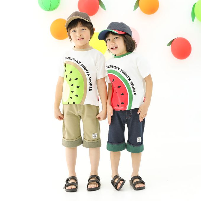 日本 ZOOLAND - 水果切片印花天竺棉短袖上衣-奇異果