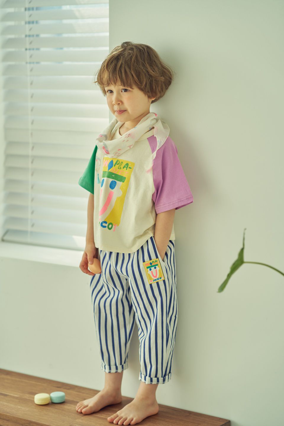 韓國 Mimico - 微笑徽章舒適純棉褲-紫格子