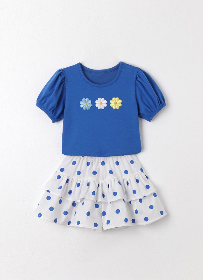 韓國 OZKIZ - 刺繡圓花裝飾層次短袖套裝-寶藍X白